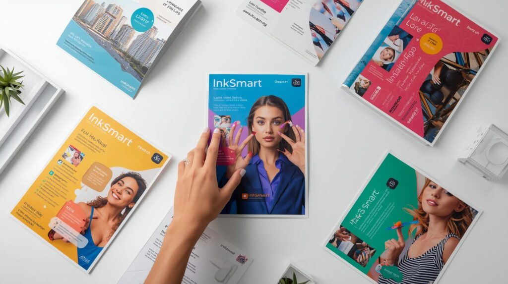 Flyer design tips featuring colorful professional flyers on a desk with human hand arranging them.