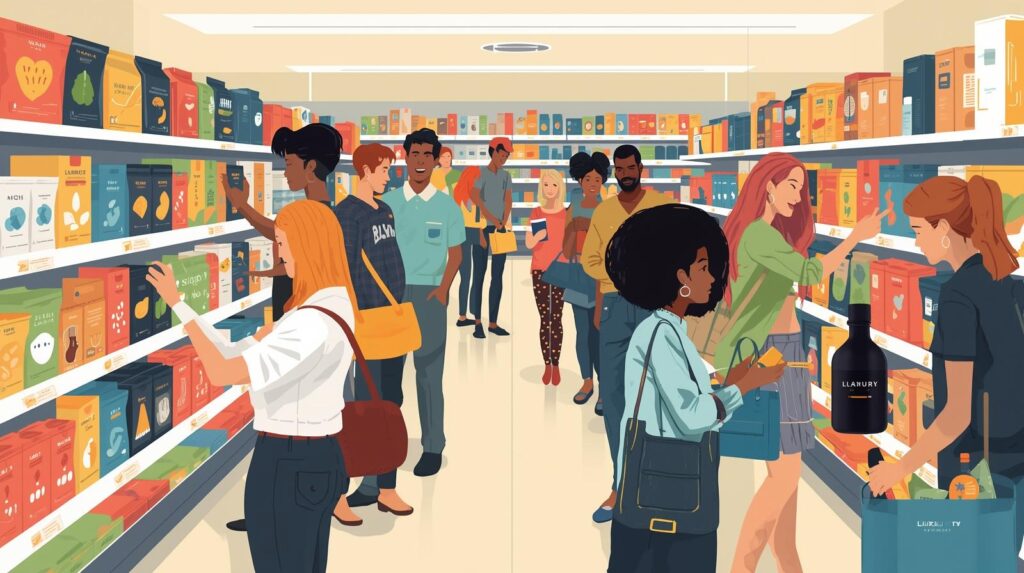 How packaging design influences customer buying decisions in a retail setting with shoppers choosing products based on packaging appeal.