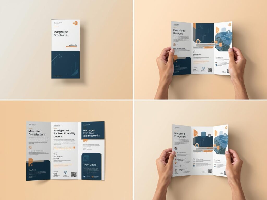 Infographic of a tri-fold brochure layout showing cover, and call-to-action design for the future of brochures.