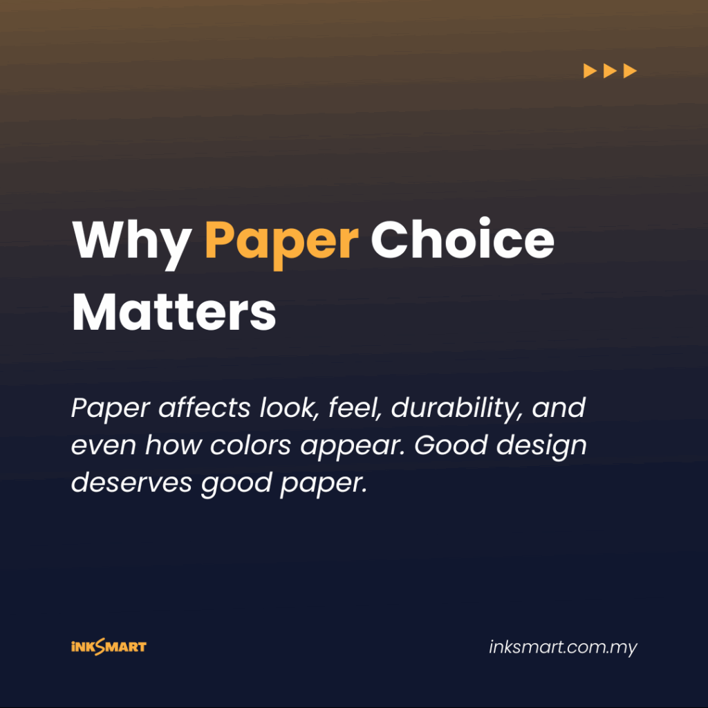 A dark blue and yellowish orange background with a headline "why paper choice matters" and a text description "paper affects look, feel, durability, and even how colors appear. Good design deserves good paper."