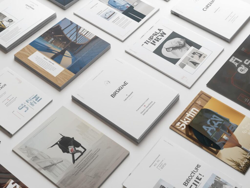 Flat lay illustrating the power of printed collateral with flyers, brochures, posters, and catalogs on a minimalist white desk.