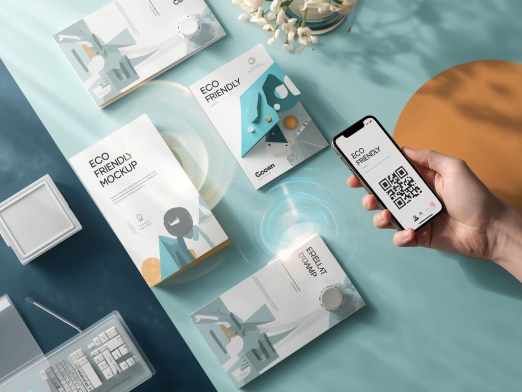Person scanning a QR code on a brochure with a smartphone, showing the digital connection in the future of brochures.