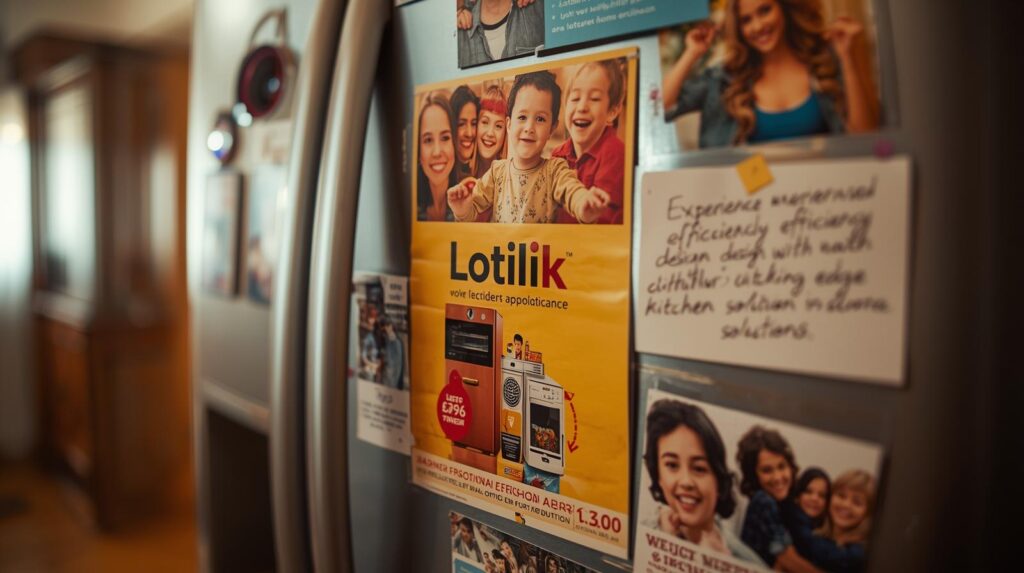 Flyer design tips with flyer pinned on fridge door, showing people keep unforgettable flyers.