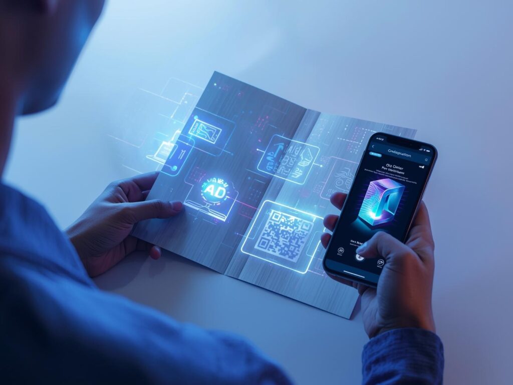 Interactive brochure with QR codes and AR icons leading to a 3D product demo, showing innovation in the future of brochures.