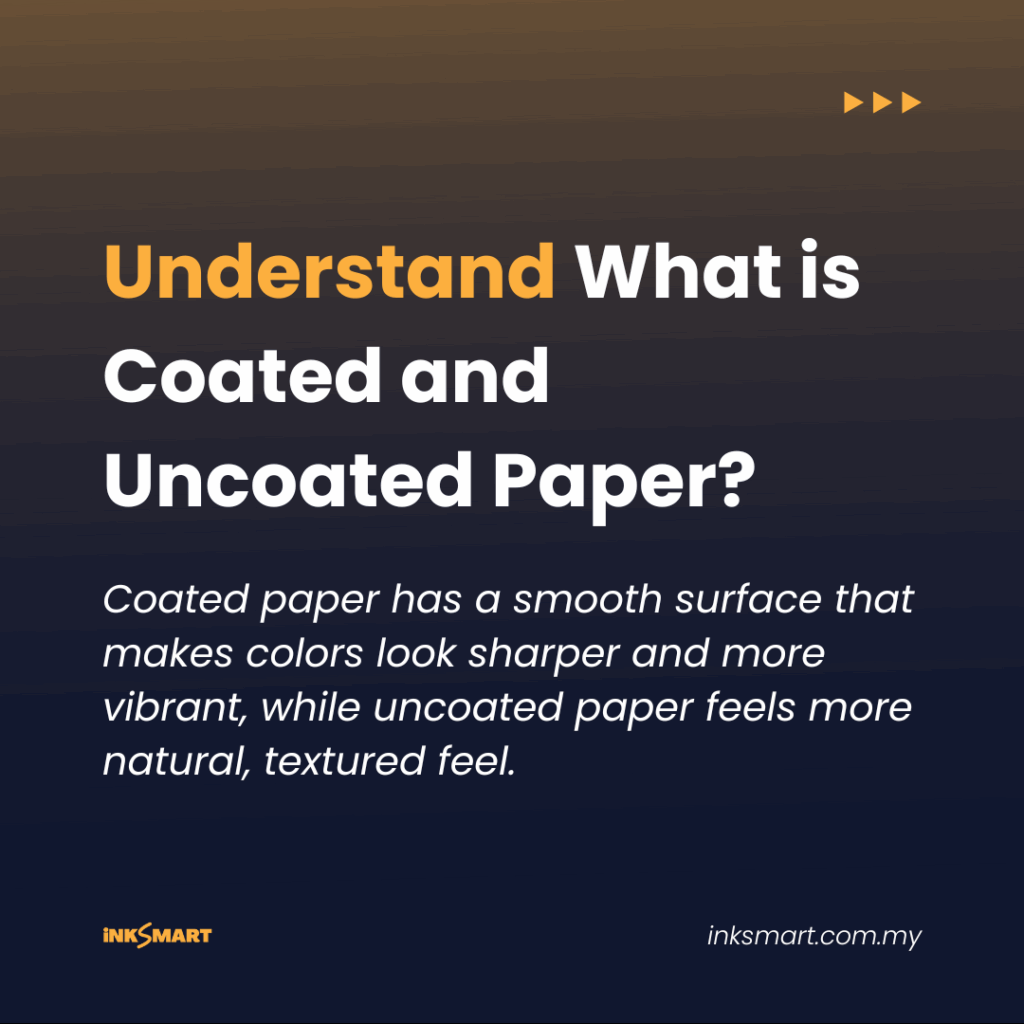 A dark blue and yellowish orange background with a headline "understand what is coated and uncoated paper" and a text description "coated paper has a smooth surface that makes colors look sharper and more vibrant, while uncoated paper feels more natural, textured feel."