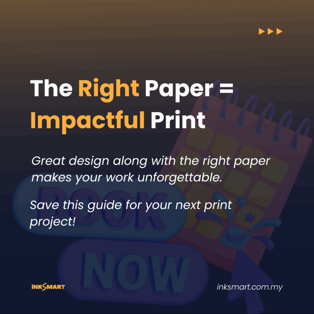 A dark blue and yellowish orange background with a headline "the right paper=impactful print" and a text description "great design along with the right paper makes your work unforgettable." and a CTA "Save this guide for your next print project!"
