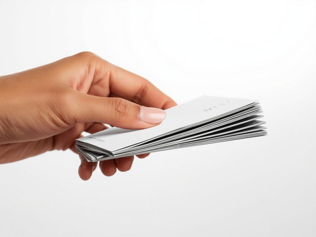 The power of printed collateral shown by a professional hand holding modern business cards and brochures against a clean background.