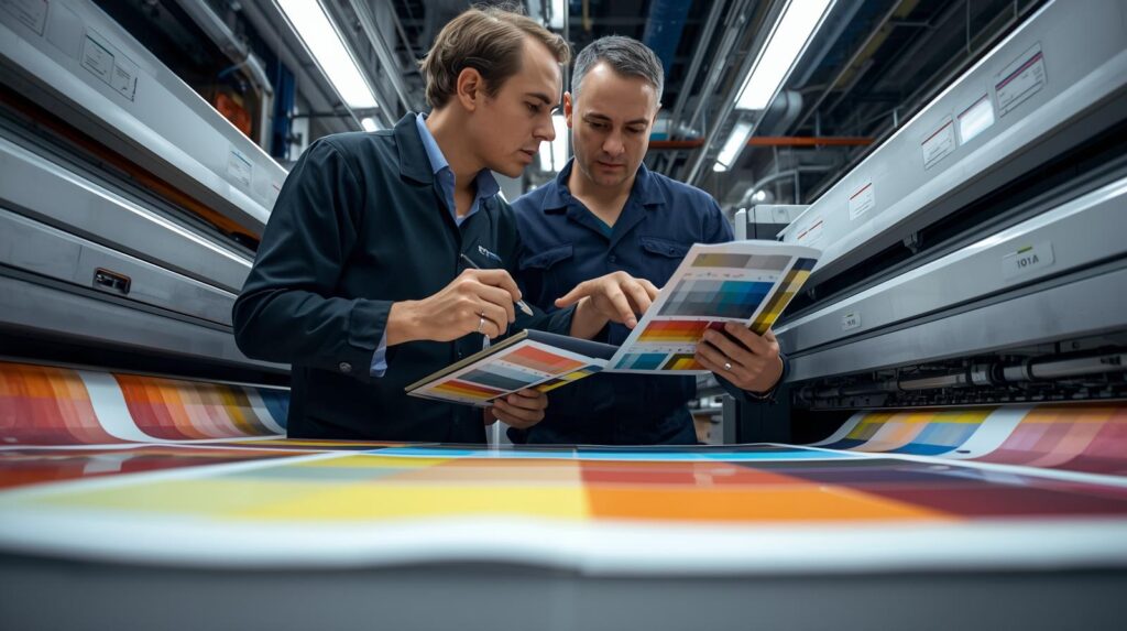 Technicians checking Pantone colors in printing for perfect print-ready accuracy.