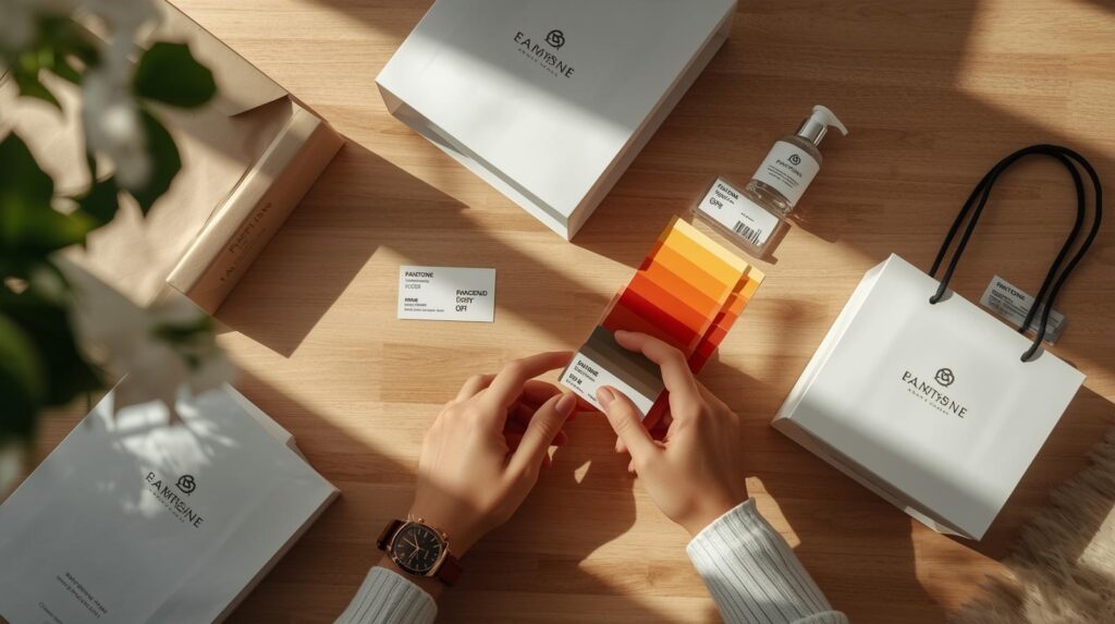 Designer comparing Pantone colors in printing with brand packaging to maintain consistent identity.