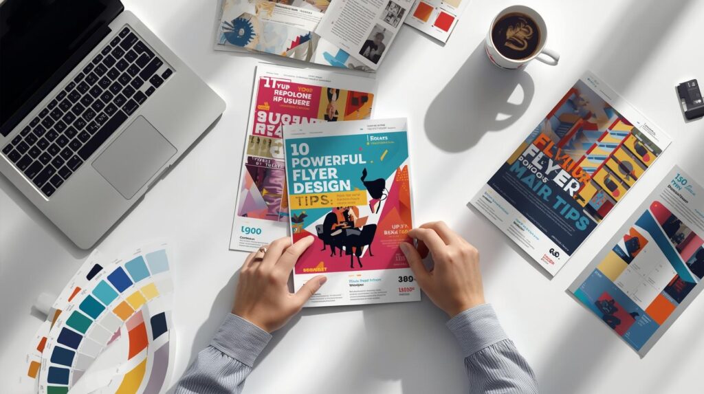 Flyer design tips with colorful modern flyers on desk arranged by hand in creative workspace.