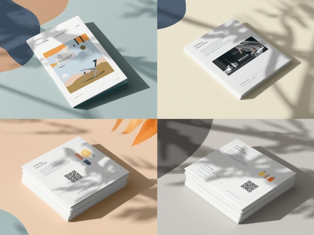 Stack of eco-friendly brochures with QR codes representing the future of brochures in modern marketing.