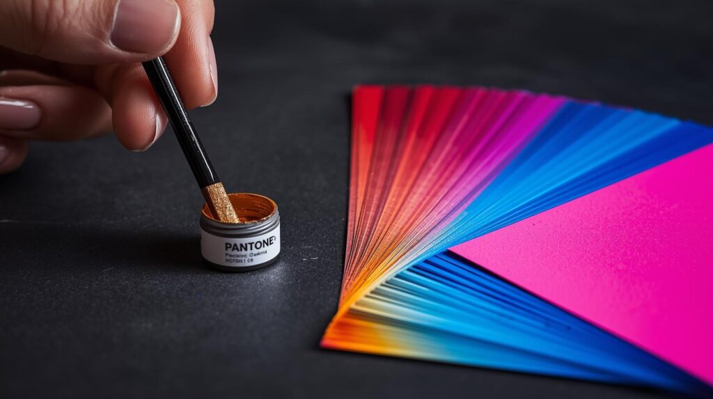 Pantone colors in printing showing metallic and neon specialty shades with designer’s hand applying ink.