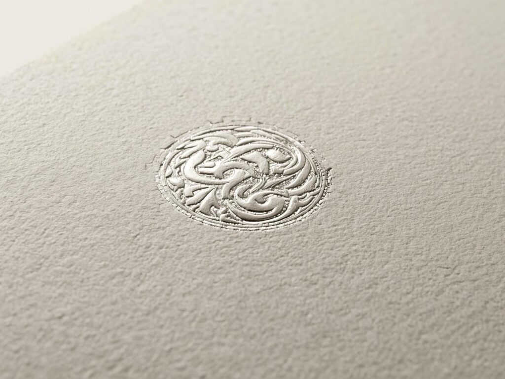 Close-up detail highlighting the power of printed collateral through textured premium paper with an embossed logo design.