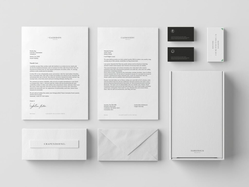 Full branding stationery set showcasing the power of printed collateral with letterhead, envelopes, business cards, and packaging in a modern style.