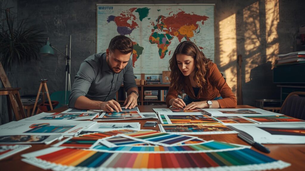 Designers checking Pantone colors in printing to ensure global consistency.