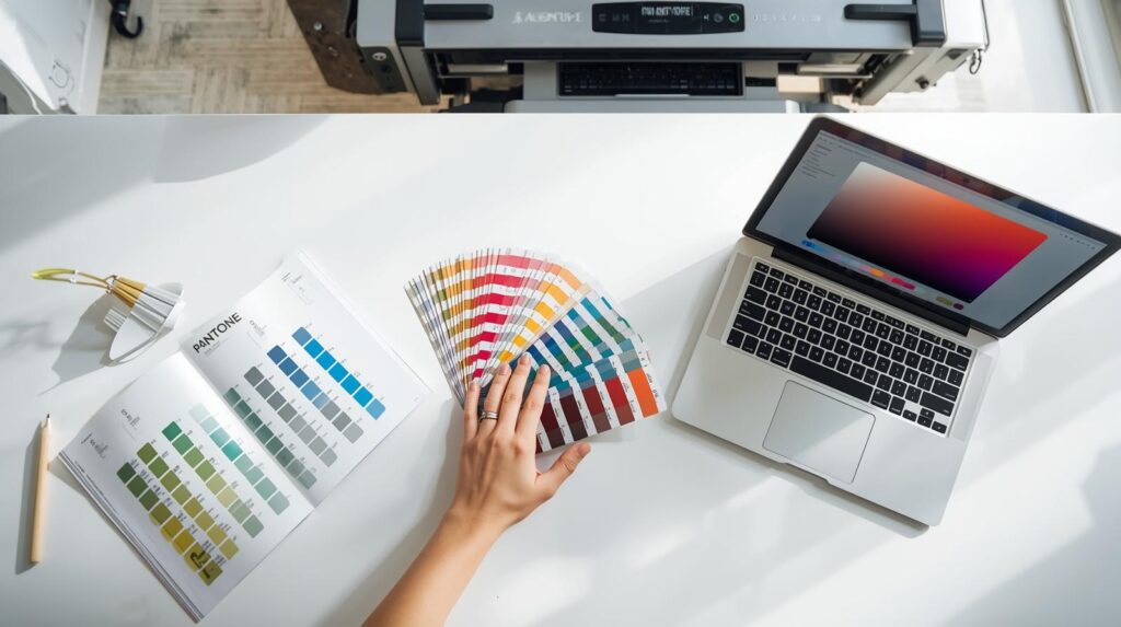 Designer arranging Pantone colors in printing on a clean white desk with a printing press in the background.