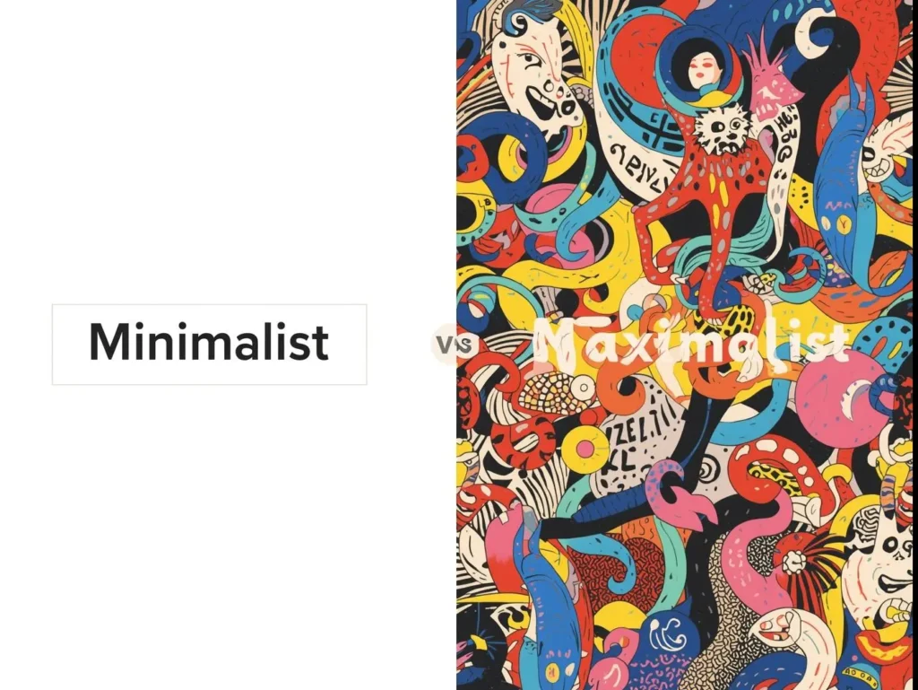 A split-screen graphic showing minimalist vs maximalist design. The left side is clean and simple in neutral colors, while the right side is bold, colorful, and patterned.
