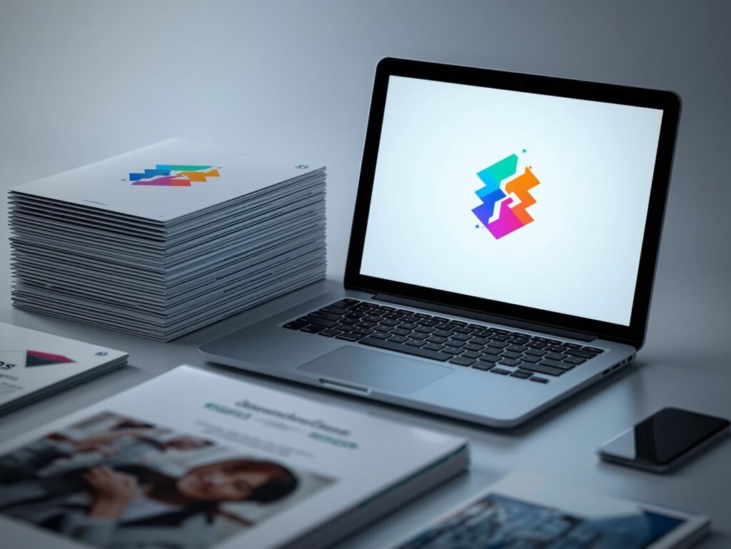 Comparison showing the power of printed collateral next to digital branding with a laptop and printed brochures on a modern desk.