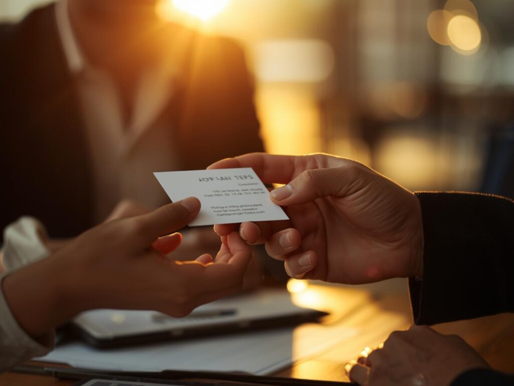 The power of printed collateral captured in a close-up of two people exchanging a business card in a professional setting.