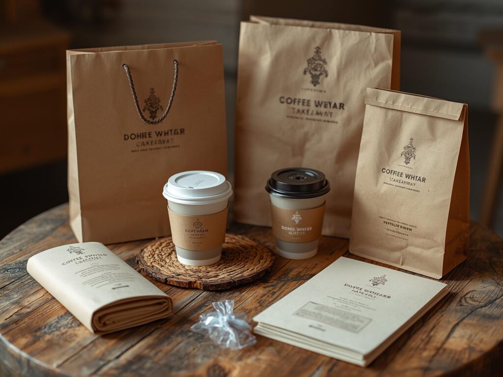 Coffee shop packaging demonstrating the power of printed collateral with branded cups, bags, and menus arranged on a wooden table.
