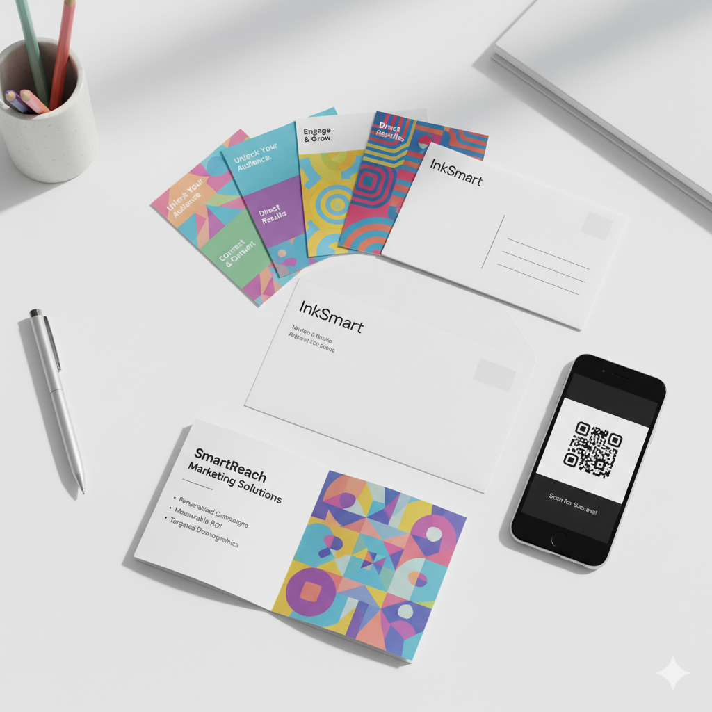 Direct mail marketing package with postcards, brochure, and QR code showing how it boosts ROI in 2025.