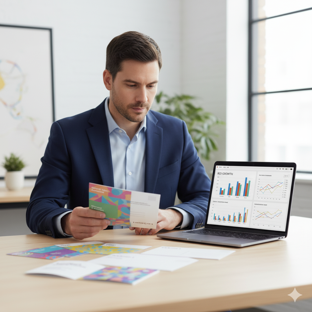 Marketer analyzing ROI reports and direct mail flyer to show effectiveness of direct mail marketing in 2025.