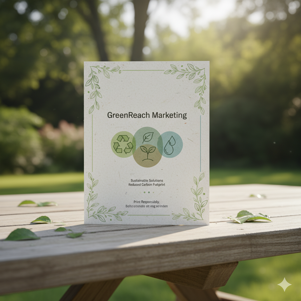 Sustainable direct mail marketing brochure printed on recycled paper in 2025.