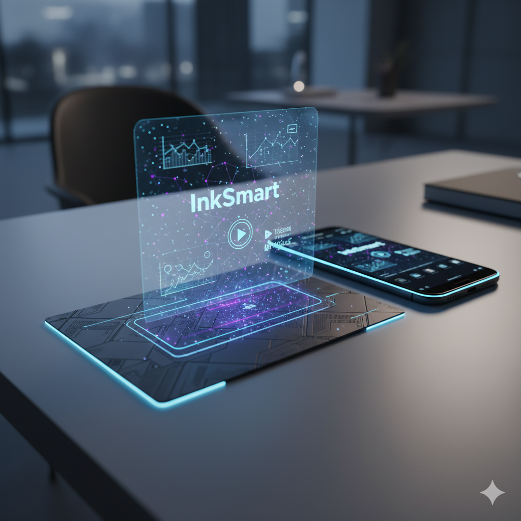Futuristic direct mail marketing postcard using augmented reality technology in 2025.